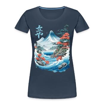 Oeuvre rétro japonaise Ukiyo-e Fujiyama - T-shirt bio Premium Femme - bleu marine - Devant - Mia (176cm)