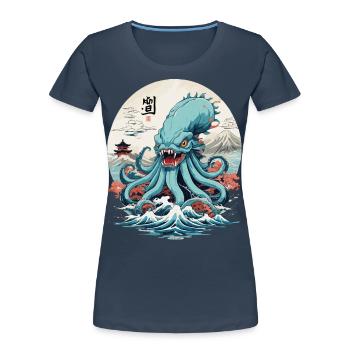 Vintage Kraken Seeungeheuer Japan Style Aesthetic - Frauen Premium Bio T-Shirt - Navy - Vorne - Mia (176cm)