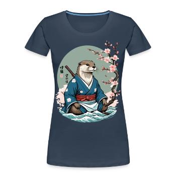 Esthétique loutre samouraï Vintage Ukiyo-E Design - T-shirt bio Premium Femme - bleu marine - Devant - Mia (176cm)