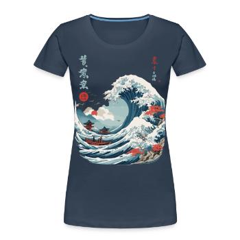 Japonais Kanagawa Wave Vintage Ukiyo-E - T-shirt bio Premium Femme - bleu marine - Devant - Mia (176cm)