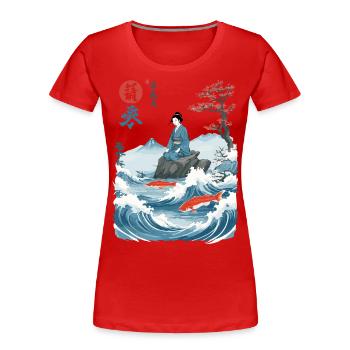 Geisha Fish Vagues Ukiyo-E Japon Streetwear Kanji - T-shirt bio Premium Femme - bleu marine - Devant - Mia (176cm)