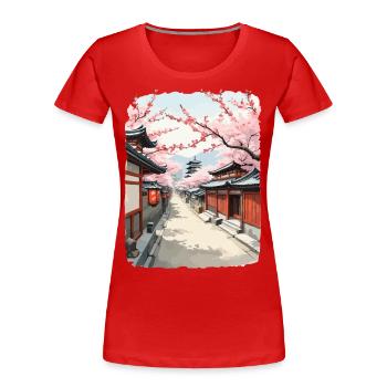 Fleurs de cerisier Japon Streetwear Street Art Design - T-shirt bio Premium Femme - bleu marine - Devant - Mia (176cm)