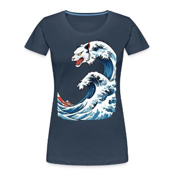 Cat Wave Ukiyo-E Vintage Japon Streetwear - T-shirt bio Premium Femme - bleu marine - Devant - Mia (176cm)