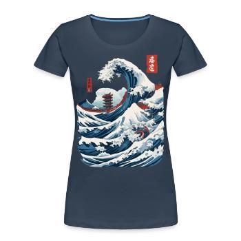 Vintage Japon Ukiyo-E vague Streetwear Design - T-shirt bio Premium Femme - bleu marine - Devant - Mia (176cm)