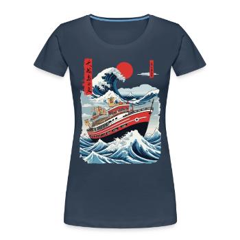 Ukiyo-E Fischerboot Meer Welle Japan Streetwear - Frauen Premium Bio T-Shirt - Navy - Vorne - Mia (176cm)