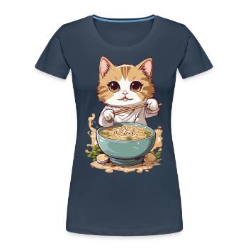 Cat Loves Ramen Japanese Culture Style - Women's Premium Organic T-Shirt - navy - Front - Mia (176cm)