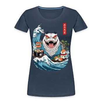 Japon Sushi Ukiyo-E Yokai Monster Streetwear Art - T-shirt bio Premium Femme - bleu marine - Devant - Mia (176cm)