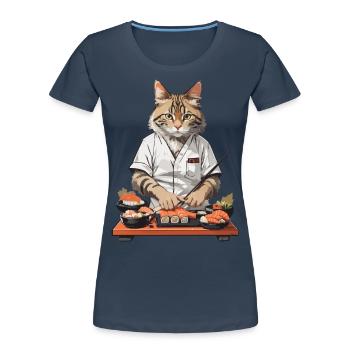 Chats Sushi Master Drôle Japon Food Design - T-shirt bio Premium Femme - bleu marine - Devant - Mia (176cm)