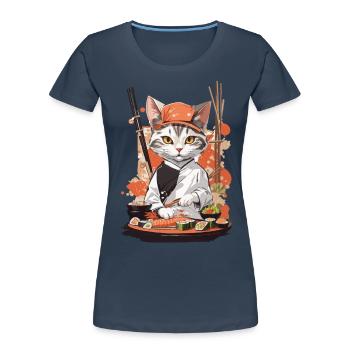 Kawaii Sushi Master Cat Japon Esthétique alimentaire - T-shirt bio Premium Femme - bleu marine - Devant - Mia (176cm)