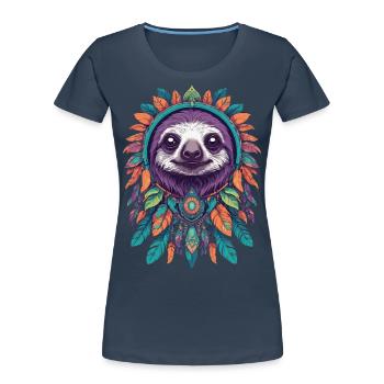 Paresseux spirituel Mandala Feathers Festival - T-shirt bio Premium Femme - bleu marine - Devant - Mia (176cm)