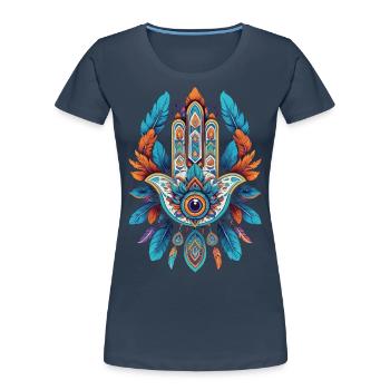Spirituelle Hamsa Hand Mandala Federn - Frauen Premium Bio T-Shirt - Navy - Vorne - Mia (176cm)