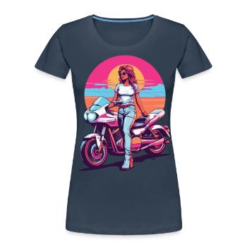 Retro Synthwave Motorcycle Biker Streetwear - Women's Premium Organic T-Shirt - navy - Front - Mia (176cm)