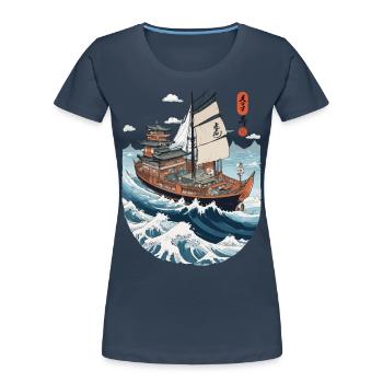 Japanese Art Aesthetic Captain Sailboat - Women's Premium Organic T-Shirt - navy - Front - Mia (176cm)