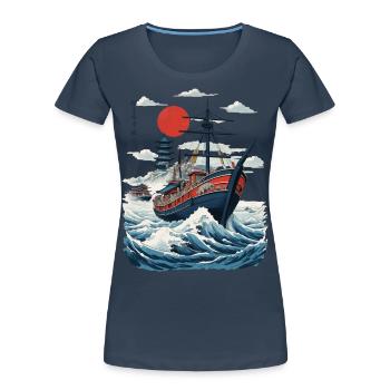 Japan Retro Ukiyo-E Aesthetic Captain Sailboat - Women's Premium Organic T-Shirt - navy - Front - Mia (176cm)