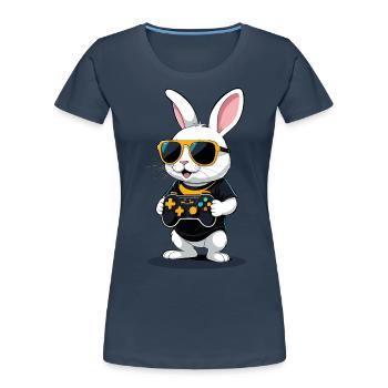 Lapin de Pâques Gamer & Gaming Streetwear Iconique - T-shirt bio Premium Femme - bleu marine - Devant - Mia (176cm)