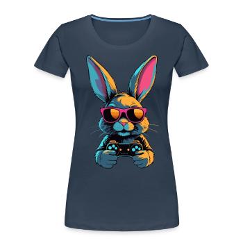 Lapin de Pâques Gamer & Gaming Streetwear Iconique - T-shirt bio Premium Femme - bleu marine - Devant - Mia (176cm)