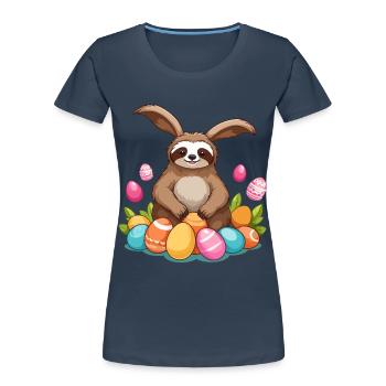 Drôle de paresseux lapin de Pâques emblématique Pâques - T-shirt bio Premium Femme - bleu marine - Devant - Mia (176cm)