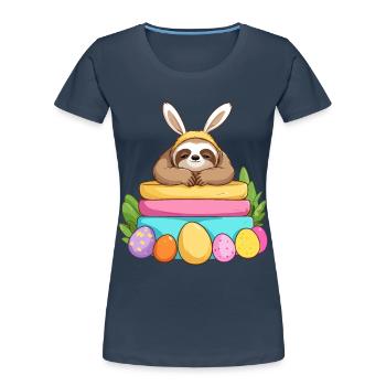 Drôle de paresseux lapin de Pâques emblématique Pâques - T-shirt bio Premium Femme - bleu marine - Devant - Mia (176cm)