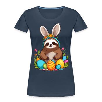 Drôle de paresseux lapin de Pâques emblématique Pâques - T-shirt bio Premium Femme - bleu marine - Devant - Mia (176cm)