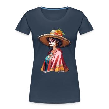 Ikonischer Zuckerschädel Mexiko Skull Streetwear - Frauen Premium Bio T-Shirt - Navy - Vorne - Mia (176cm)
