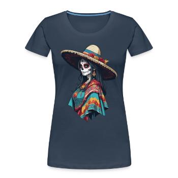 Ikonischer Zuckerschädel Mexiko Skull Streetwear - Frauen Premium Bio T-Shirt - Navy - Vorne - Mia (176cm)