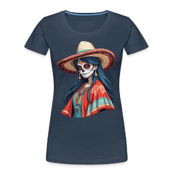 Iconic Sugar Skull Mexican Girl - Women's Premium Organic T-Shirt - navy - Front - Mia (176cm)