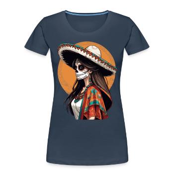 Iconic Sugar Skull Mexican Girl - Women's Premium Organic T-Shirt - navy - Front - Mia (176cm)