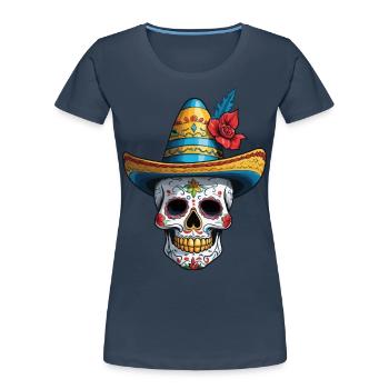 Ikonischer Zuckerschädel Mexiko Streetwear - Frauen Premium Bio T-Shirt - Navy - Vorne - Mia (176cm)