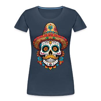 Ikonischer Zuckerschädel Mexiko Streetwear Design - Frauen Premium Bio T-Shirt - Navy - Vorne - Mia (176cm)