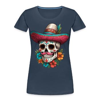 Ikonischer Zuckerschädel Mexiko Streetwear - Frauen Premium Bio T-Shirt - Navy - Vorne - Mia (176cm)