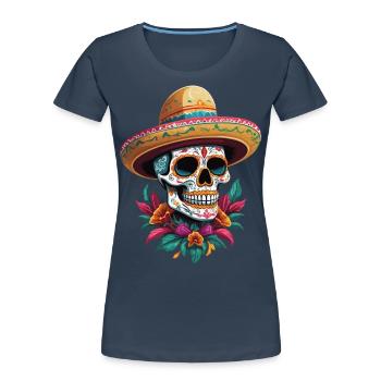 Ikonischer Zuckerschädel Mexiko Streetwear - Frauen Premium Bio T-Shirt - Navy - Vorne - Mia (176cm)