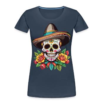 Ikonischer Zuckerschädel Mexiko Streetwear - Frauen Premium Bio T-Shirt - Navy - Vorne - Mia (176cm)