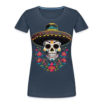 Ikonischer Zuckerschädel Mexiko Streetwear - Frauen Premium Bio T-Shirt - Navy - Vorne - Mia (176cm)