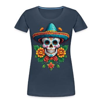 Fête mexicaine emblématique de Sugar Skull - T-shirt bio Premium Femme - bleu marine - Devant - Mia (176cm)