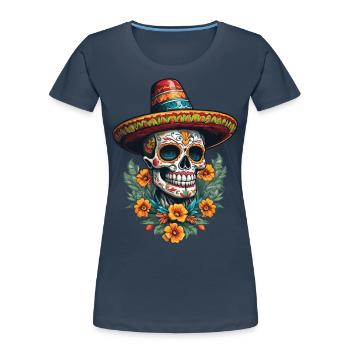 Ikonischer Zuckerschädel Mexiko Streetwear - Frauen Premium Bio T-Shirt - Navy - Vorne - Mia (176cm)