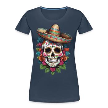 Design streetwear emblématique de Sugar Skull Mexico - T-shirt bio Premium Femme - bleu marine - Devant - Mia (176cm)
