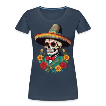 Ikonischer Zuckerschädel Mexiko Skull Streetwear - Frauen Premium Bio T-Shirt - Navy - Vorne - Mia (176cm)