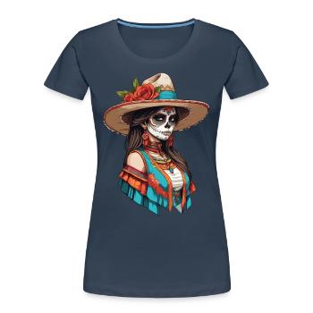 Iconic Sugar Skull Mexico Skull Streetwear - Women's Premium Organic T-Shirt - navy - Front - Mia (176cm)