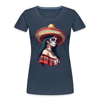 Ikonischer Zuckerschädel Mexikanisches Girl - Frauen Premium Bio T-Shirt - Navy - Vorne - Mia (176cm)