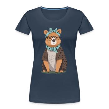 Drôle Capybara Maman Design Capybara Maman - T-shirt bio Premium Femme - bleu marine - Devant - Mia (176cm)