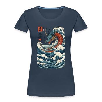 Art du dragon japonais vintage de style Ukiyo-E - T-shirt bio Premium Femme - bleu marine - Devant - Mia (176cm)