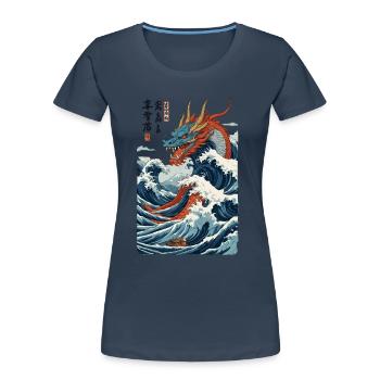 Art du dragon japonais vintage de style Ukiyo-E - T-shirt bio Premium Femme - bleu marine - Devant - Mia (176cm)
