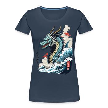 Vintage Ukiyo-E Kunst Japanischer Drache mit Kanji - Frauen Premium Bio T-Shirt - Navy - Vorne - Mia (176cm)