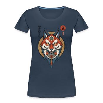 Masque Kitsune Japonais Anime Kawaii Renard Fantôme - T-shirt bio Premium Femme - bleu marine - Devant - Mia (176cm)