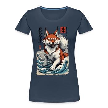 Vintage Ukiyo-E Stil Japanische Kitsune Fuchs - Frauen Premium Bio T-Shirt - Navy - Vorne - Mia (176cm)