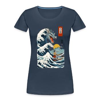 Cerfs-volants japonais vintage Ukiyo-E Japan Wave - T-shirt bio Premium Femme - bleu marine - Devant - Mia (176cm)