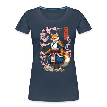 Kitsune Samurai Fuchs Vintage Ukiyo-e Stil - Frauen Premium Bio T-Shirt - Navy - Vorne - Mia (176cm)