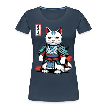 Samurai Katze in Japanischem Samurai Kunstwerk - Frauen Premium Bio T-Shirt - Navy - Vorne - Mia (176cm)