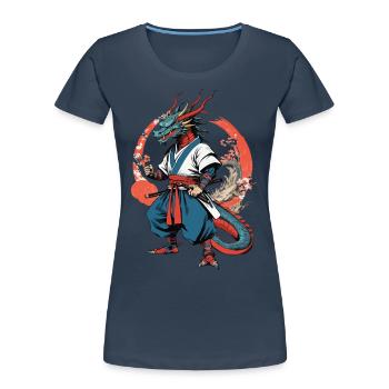 Samouraï Dragon Vintage Ukiyo-e Style Artwork - T-shirt bio Premium Femme - bleu marine - Devant - Mia (176cm)