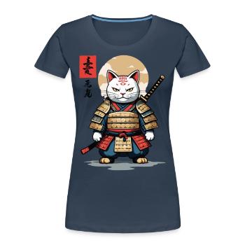 Chat Samouraï Asiatique Ukiyo-E Style Esthétique - T-shirt bio Premium Femme - bleu marine - Devant - Mia (176cm)